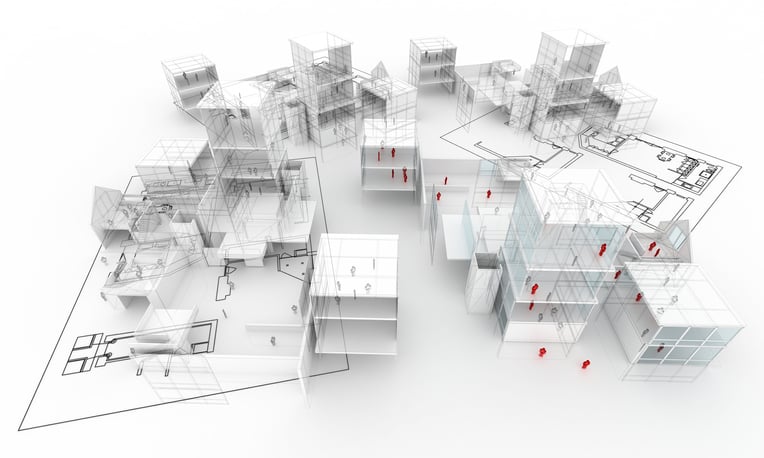 A 3D rendering of villas featuring modular design overlay design plans
