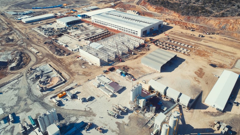 Arial view of construction of warehouses featuring modular construction methods