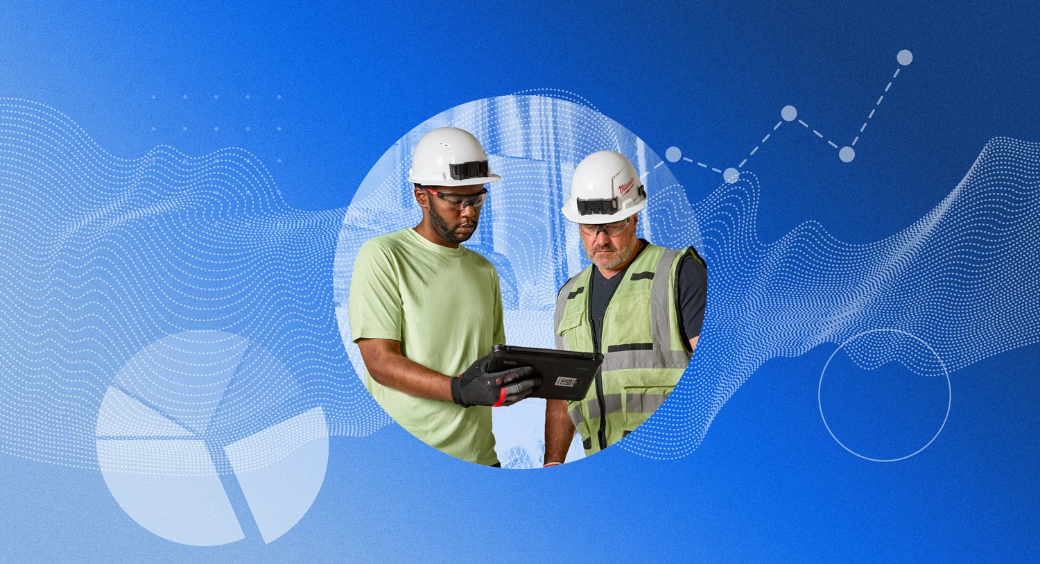 Construction Overhead graphic shows two workers looking at iPad with overlay of pie chart and other graphs