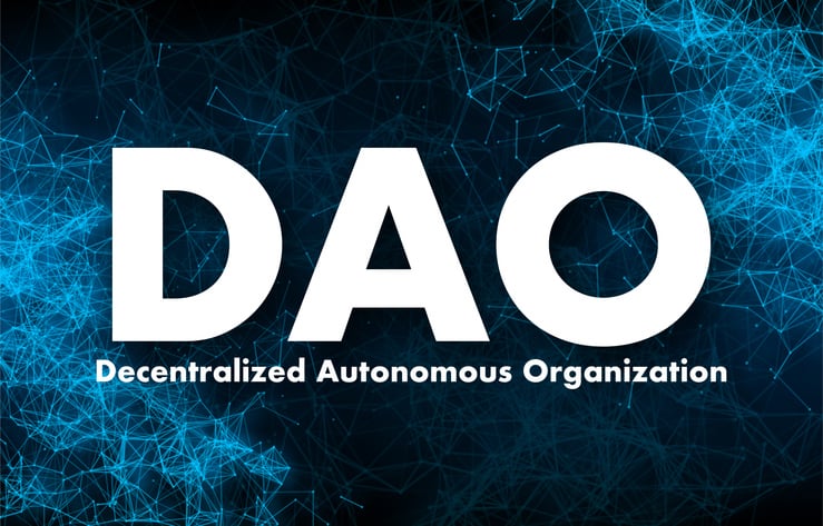 Decentralized autonomous organization vector featuring code and blockchain background