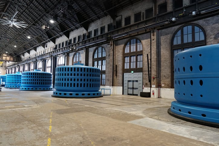 Electricity generators inside a historic hydro-electric power plant