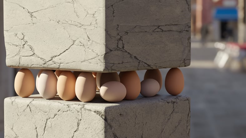 Image shows unexpected resistence to breaking when concrete block is laid on top of eggs