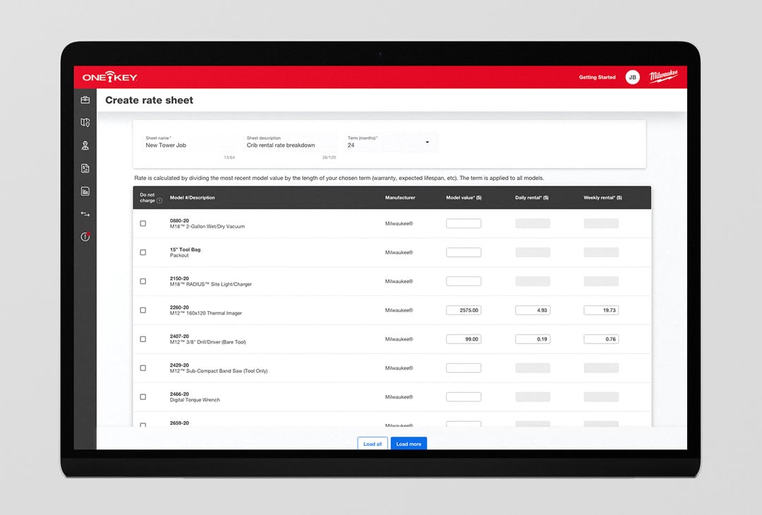 One-Key web app displays a smart rate sheet that auto-calculates tool rentals
