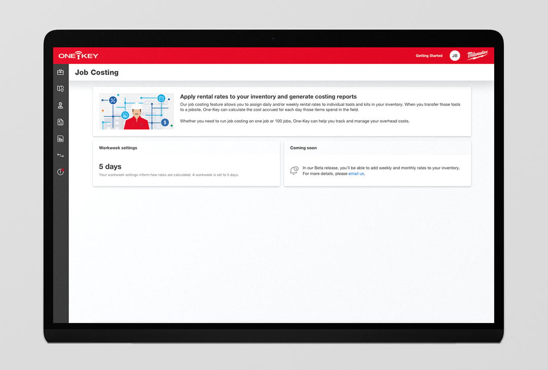 One-Key web app shows informational dialog explaining job costing