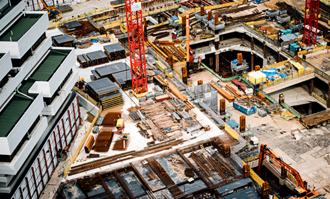 An aerial view of a construction site. 