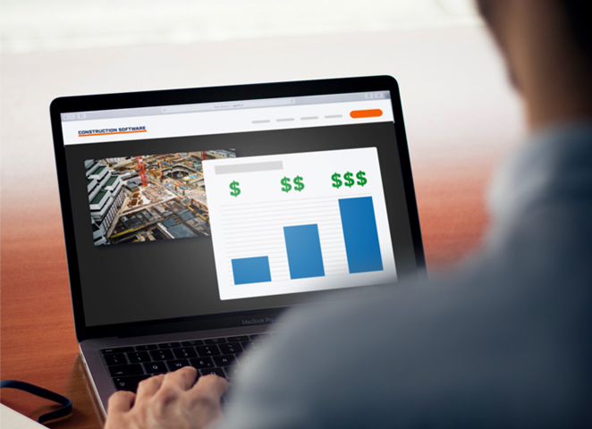 A man using a computer weighing costs of different construction software options