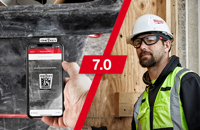 Construction worker uses smartphone's camera to scan a One-Key asset ID tag
