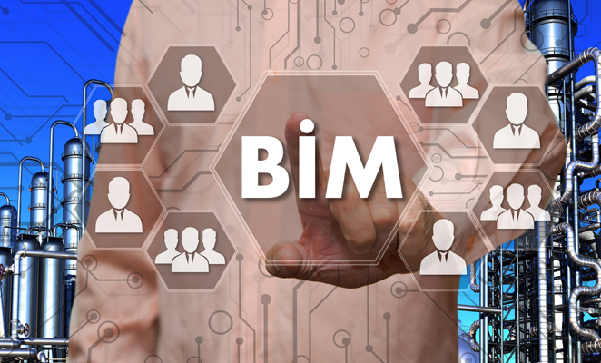 Man's finger points at "BIM" in hexagon shape next to other hexagons with people and groups of people evenly dispersed  