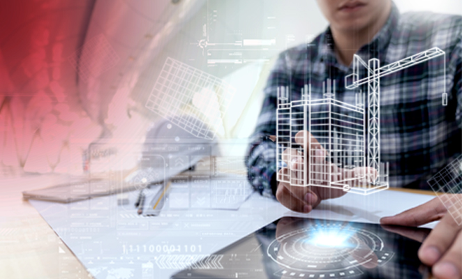 Man at desk with ipad visualizing BIM (building information modeling) software