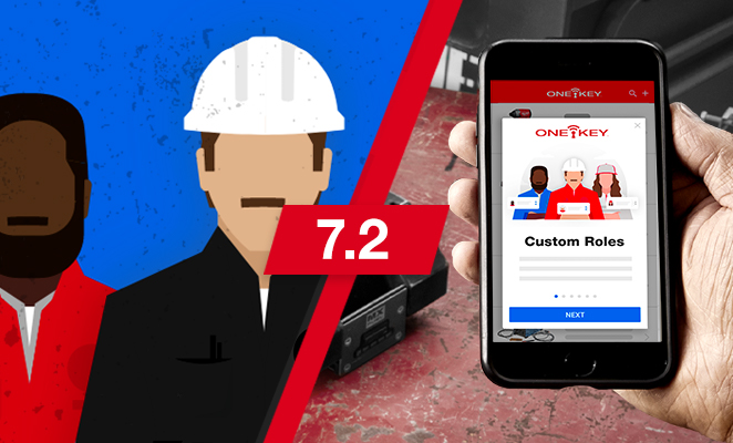 Illustration announces 7.2 One-Key app update with screen on 'custom roles' modal