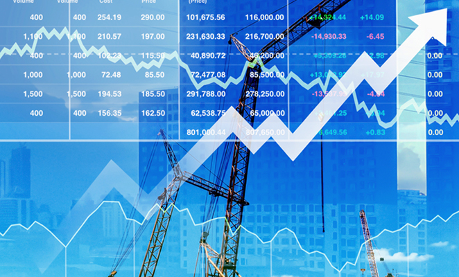 A financial forecasting chart shows financial figures and an arrow trending upward