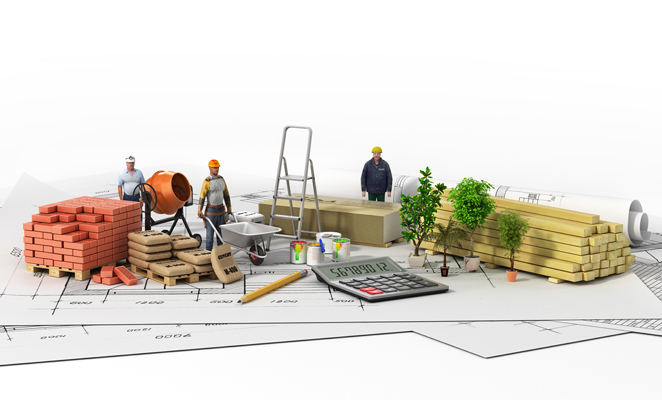 An illustration features construction tradespeople on desk with construction materials, calculator, and building plans