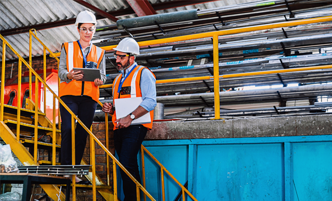 Two subcontractors discuss design plans displayed on tablet device