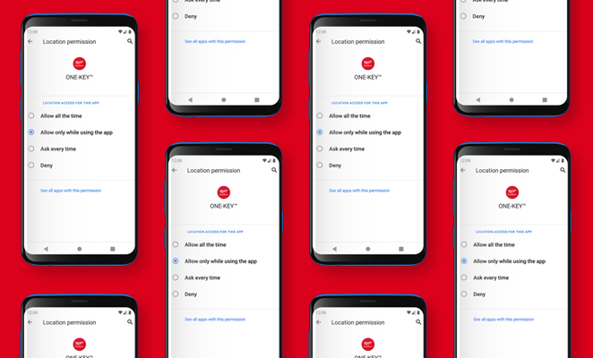 Graphic features One-Key app showing location permissions set to "Allow only while using app"