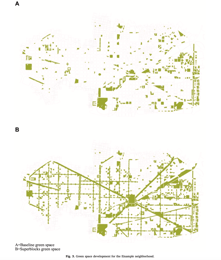 An image of green space growth in L'Eixample before and after the introduction of green space.
