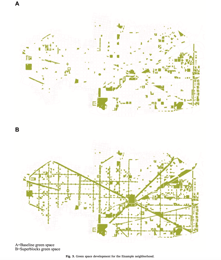 An image of green space growth in L'Eixample before and after the introduction of green space.