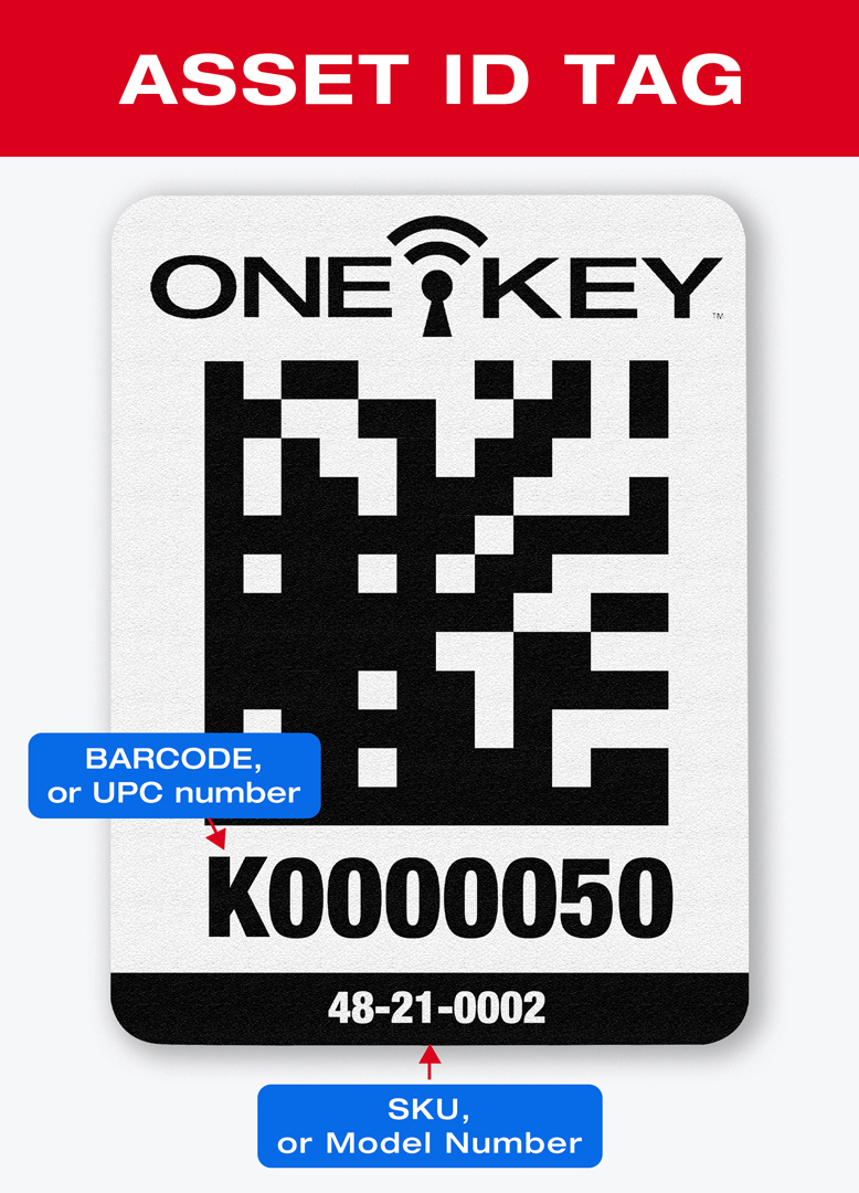 Image of an asset ID tag with labels of Barcode and SKU numbers