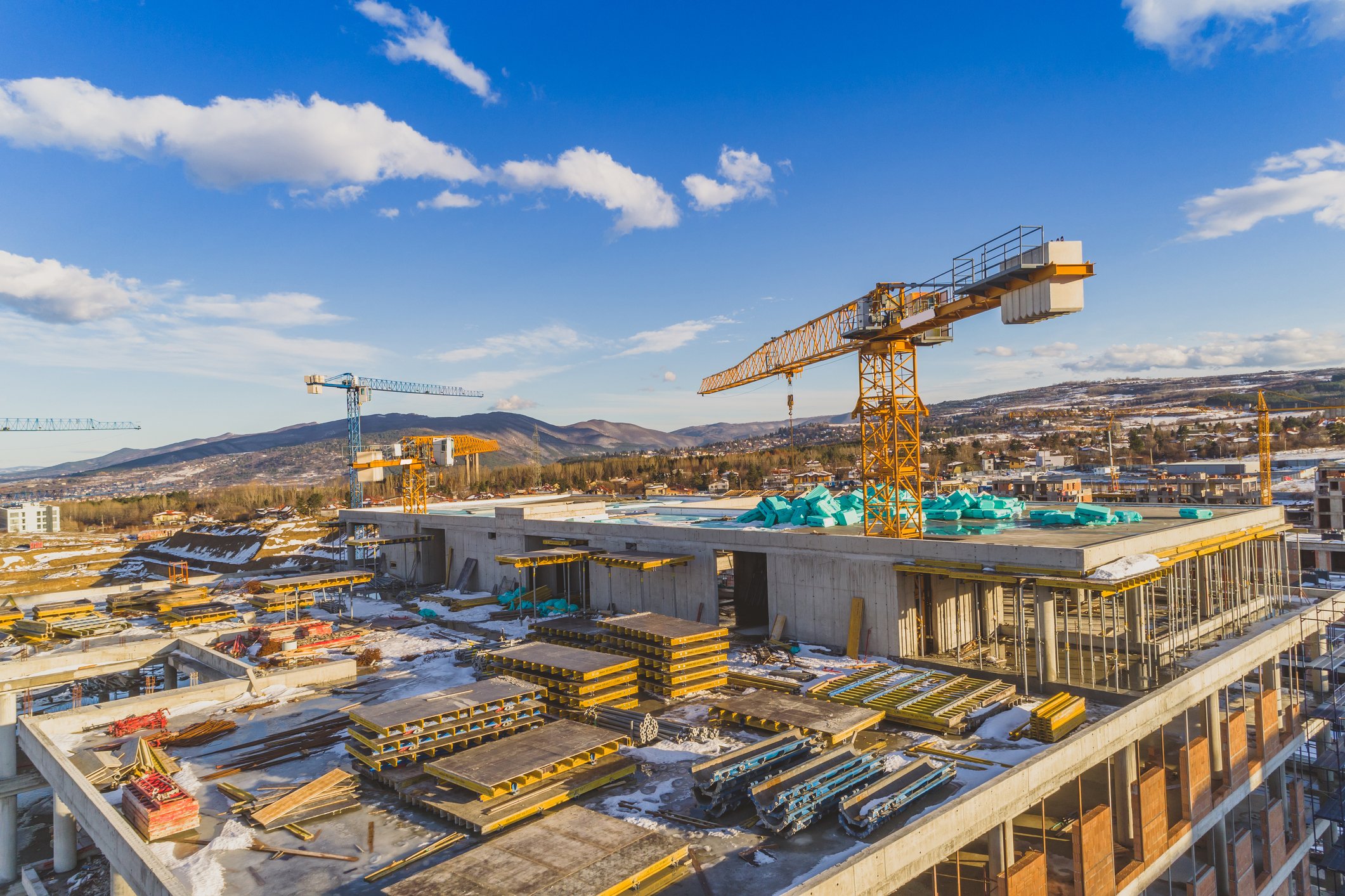 A construction drone captures a jobsite in progress