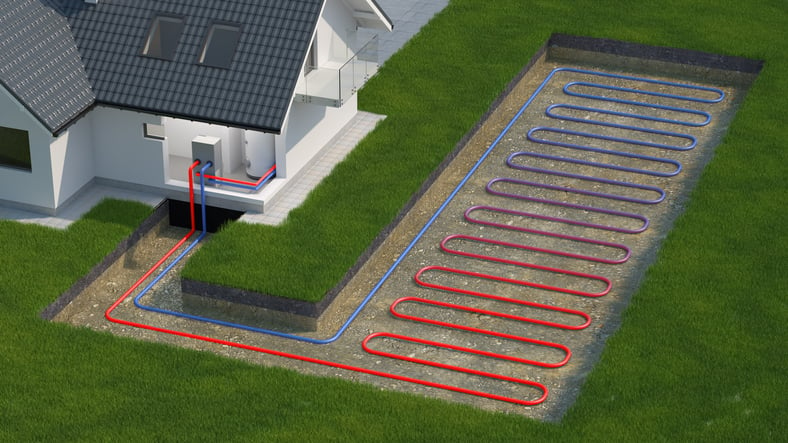 An illustration of geothermal heat pumps in an HVAC system