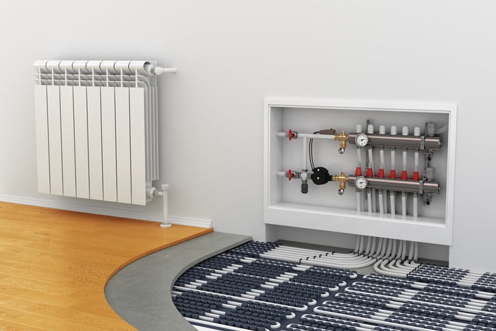 An artist rendering shows hydronic radiant heating and cooling lines beneath hardwood floor