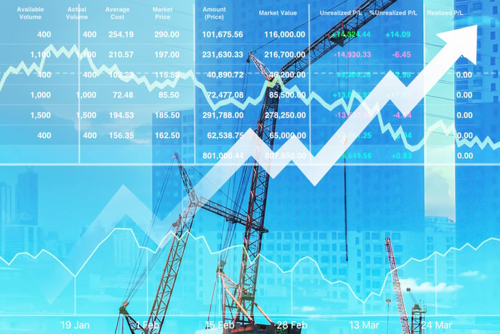 Graphic of a crane and economic arrow pointing upward