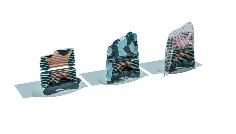 Three possible design variations rendered in parametric geometries.