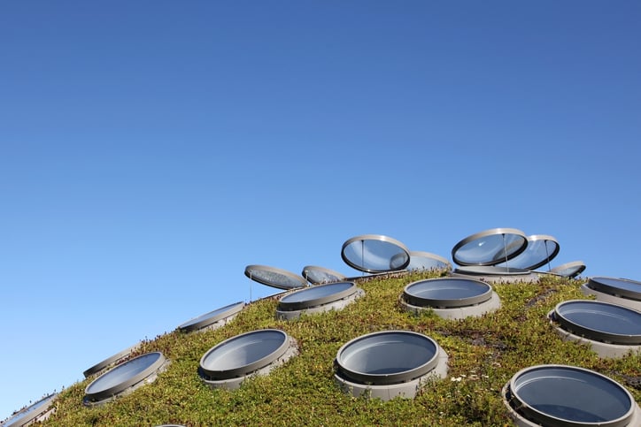 Photo circular windows embedded in a rounded structure covered with grass.