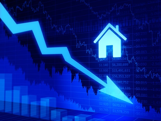 Graphic of a house and economic arrow pointing downward.