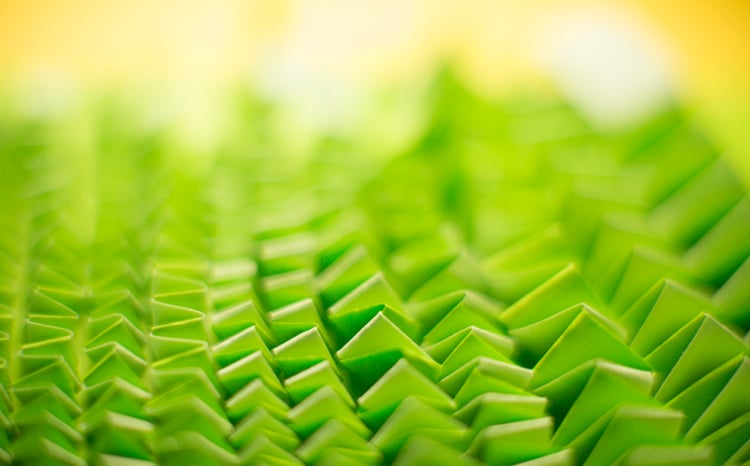 An abstract image of green paper folded in upon itself in a recurring pattern.