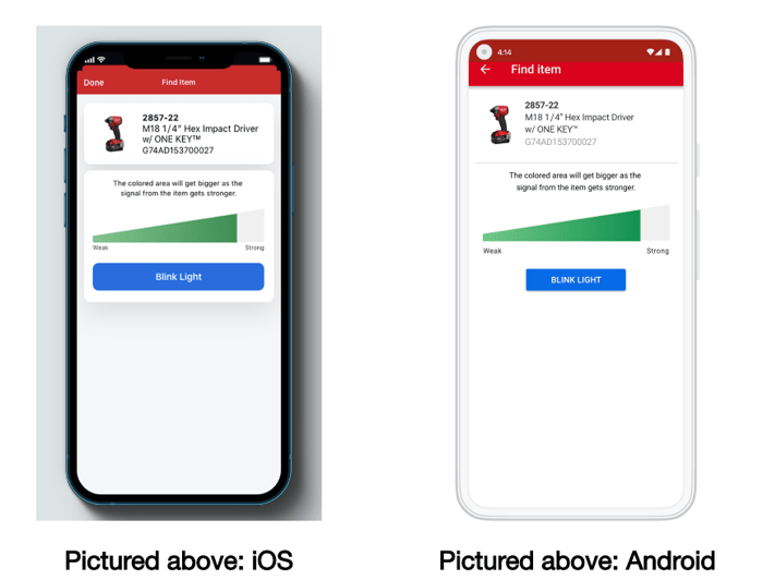 Two smartphones (iOS, left; Android, right) display "Find Item" proximity tool to detect nearby impact driver
