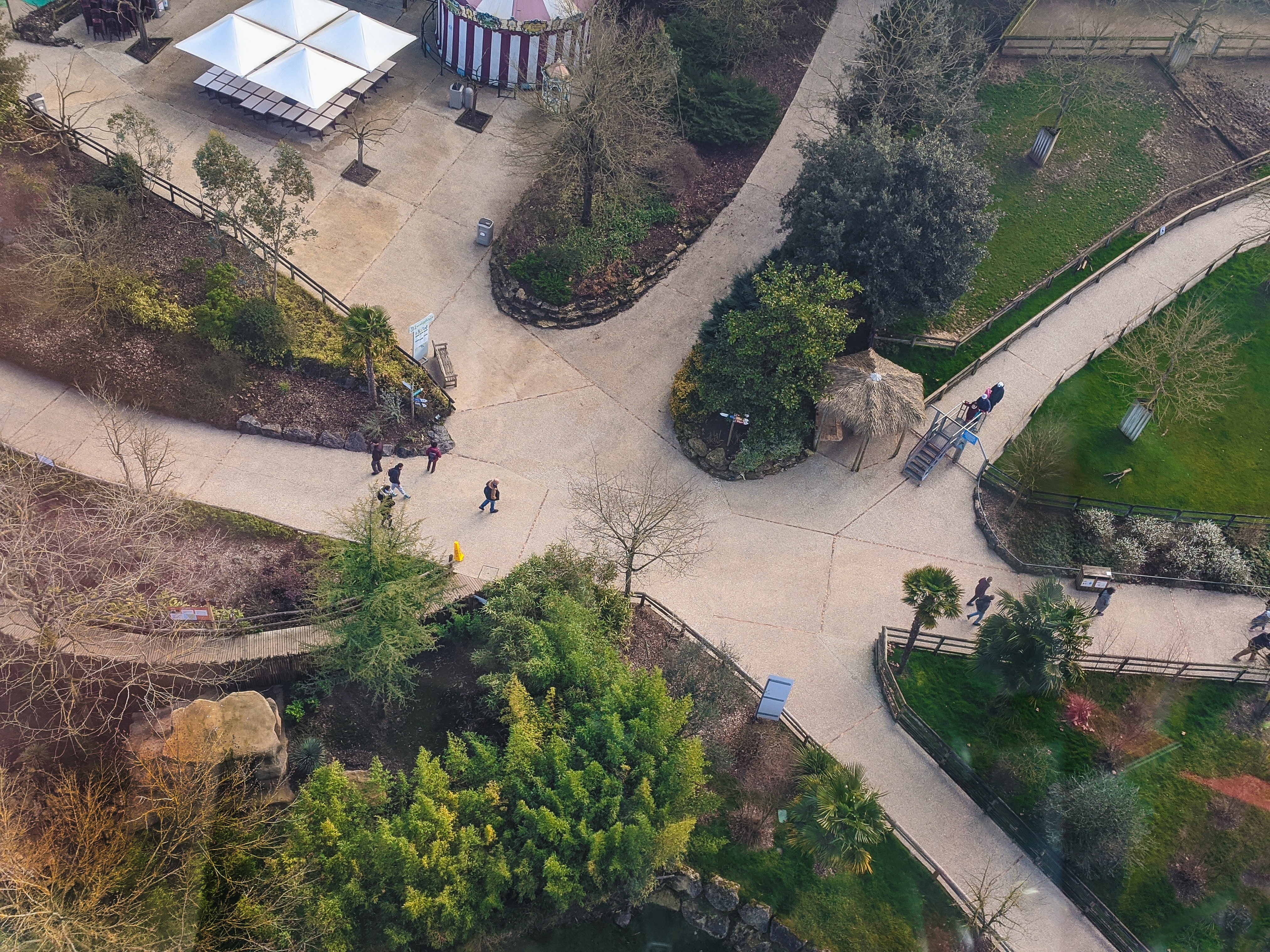 An arial view of a park with intersecting crosswalks