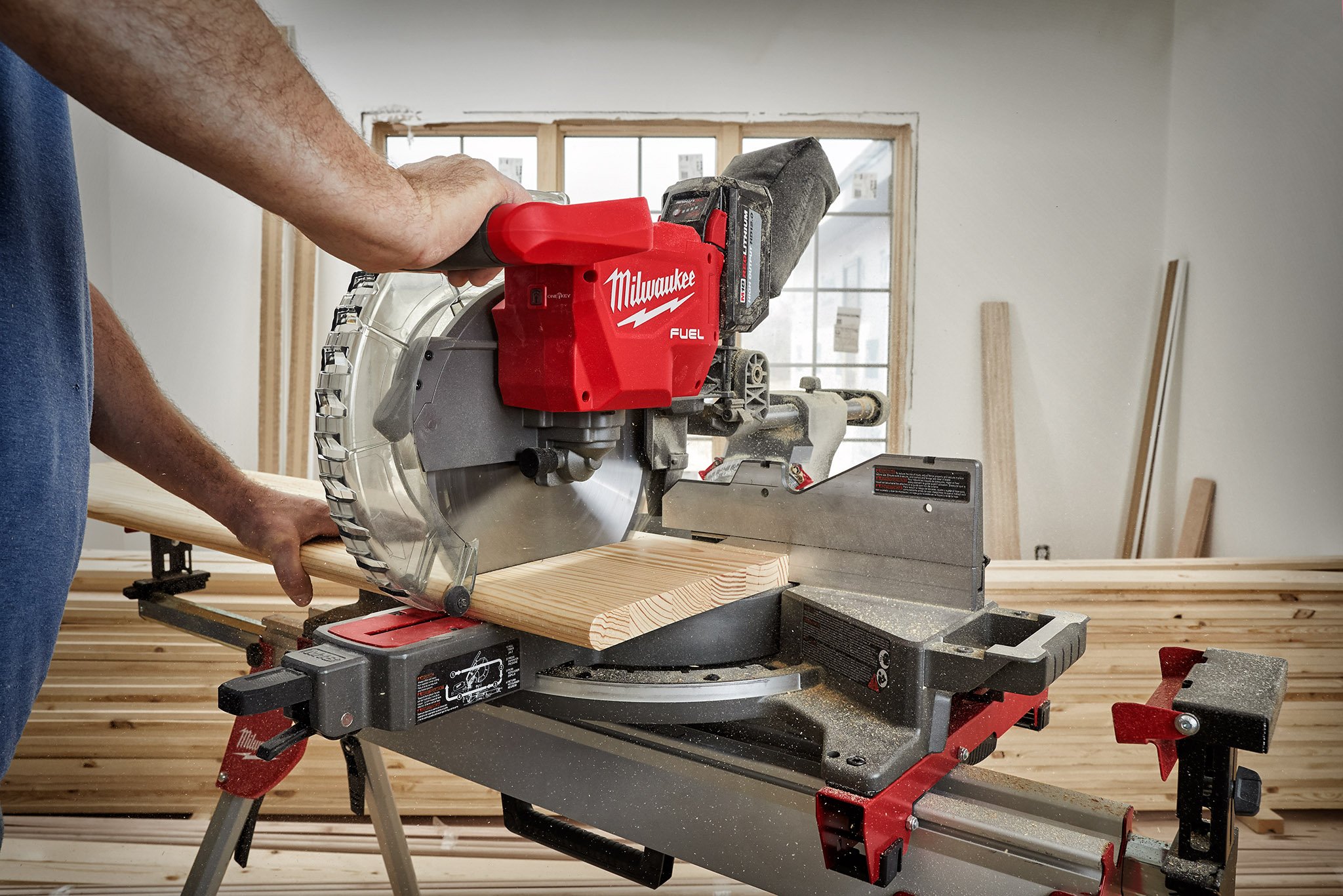 Contractor uses an adjustable miter saw