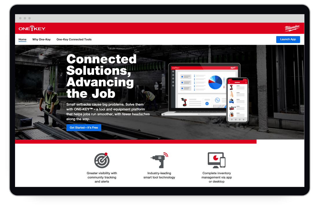 A screen shot showing the new website for Milwaukee Tool's inventory management and Bluetooth tracking app