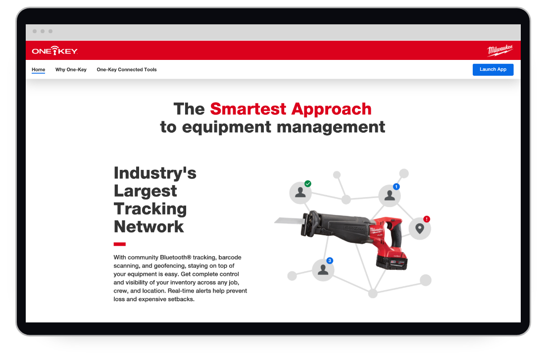 Screen shot shows a section of Milwaukee One-Key's homepage highlighting tool tracking system as industry-leading 
