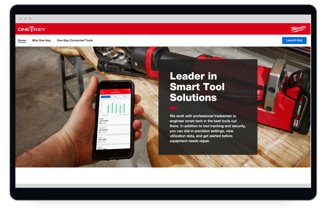 Screen shot shows a section of Milwaukee One-Key's homepage highlighting smart tool solutions as industry-leading 