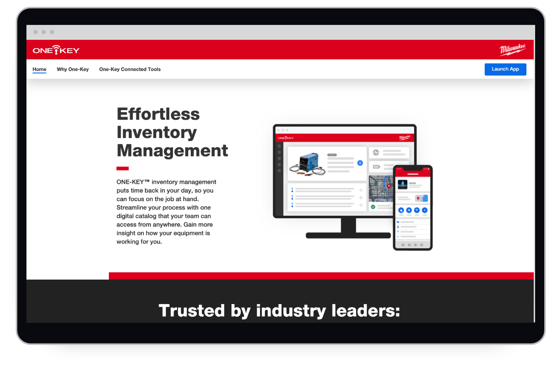 Screen shot shows a section of Milwaukee One-Key's homepage highlighting the tool inventory management system's ease of use