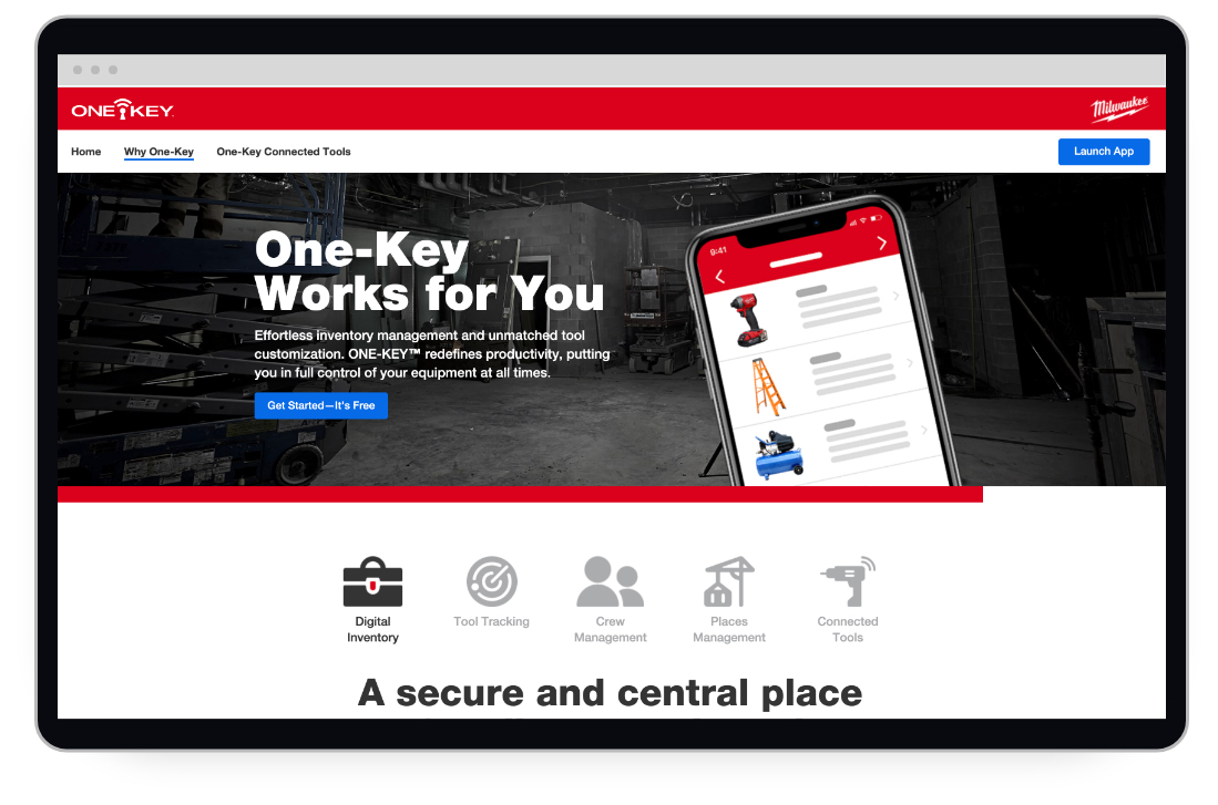 Screen shot from webpage displaying Milwaukee's One-Key app features in inventory management and tool tracking
