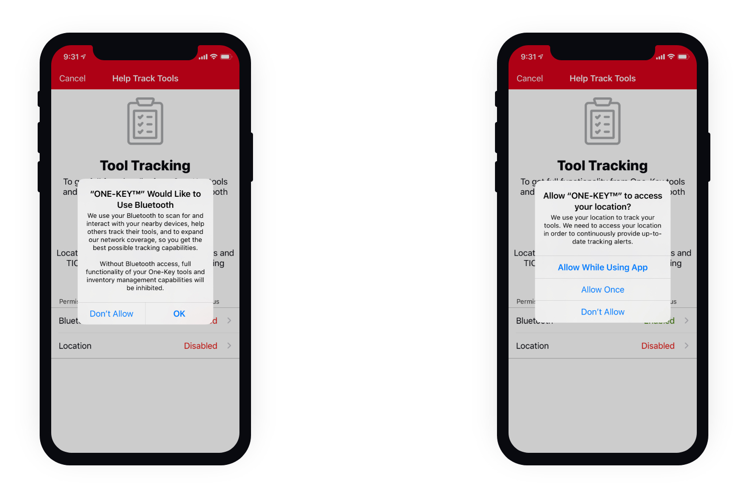 Two mobile devices using tool tracking app display bluetooth and location system prompts