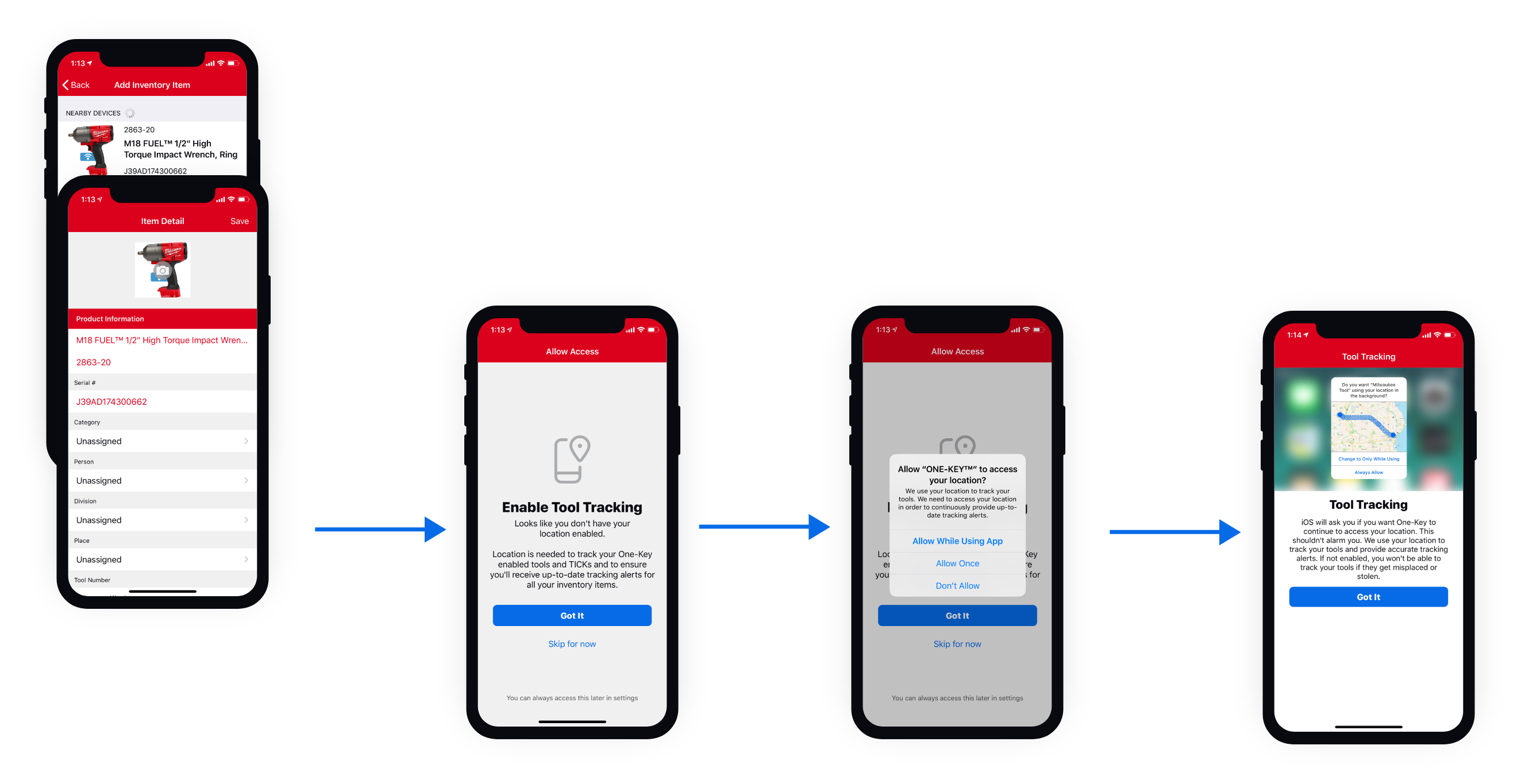 A diagram displaying location education screens to help enable tool tracking in mobile app