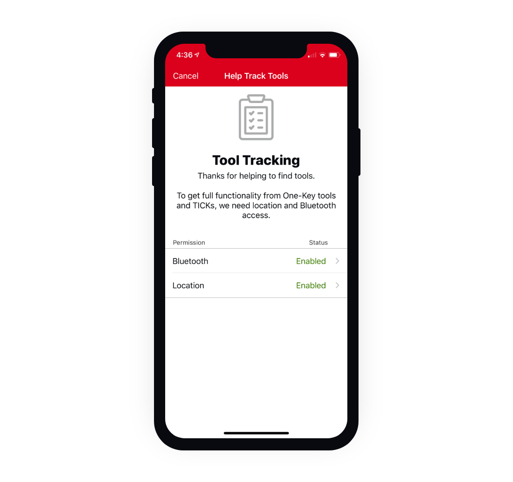 Mobile device using tool tracking app displays educational screen to help enable functionality