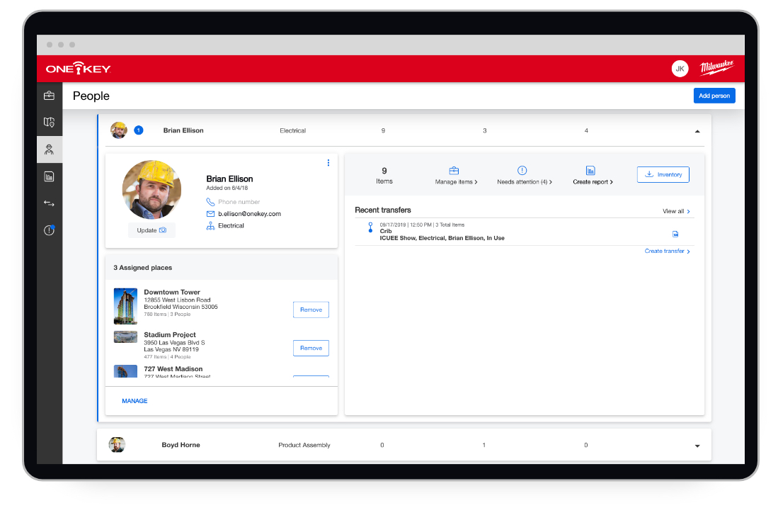 A team member's tool inventory displays assigned jobsites, items, and recent transfers