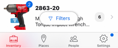 The filter button in a tool inventory management app helps tradesmen stay organized