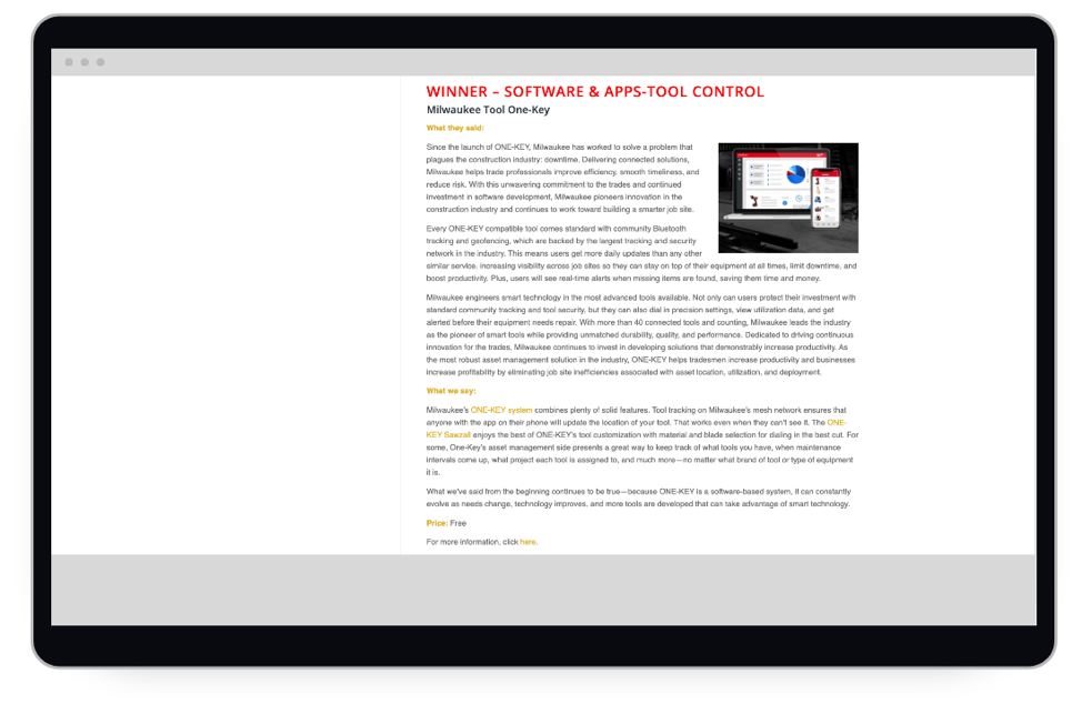 Pro Tool Innovation Award website featuring the Milwaukee One-Key app