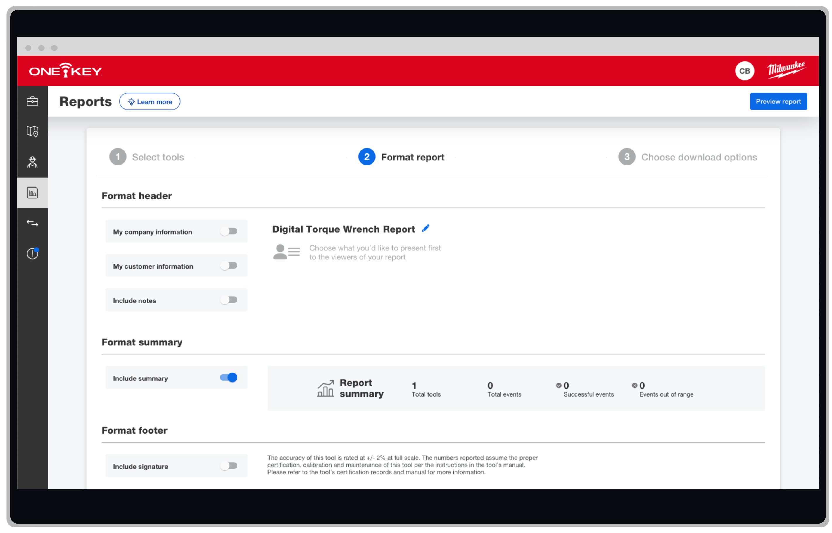 The One-Key tool tracking app lets you format your Milwaukee digital torque wrench reports