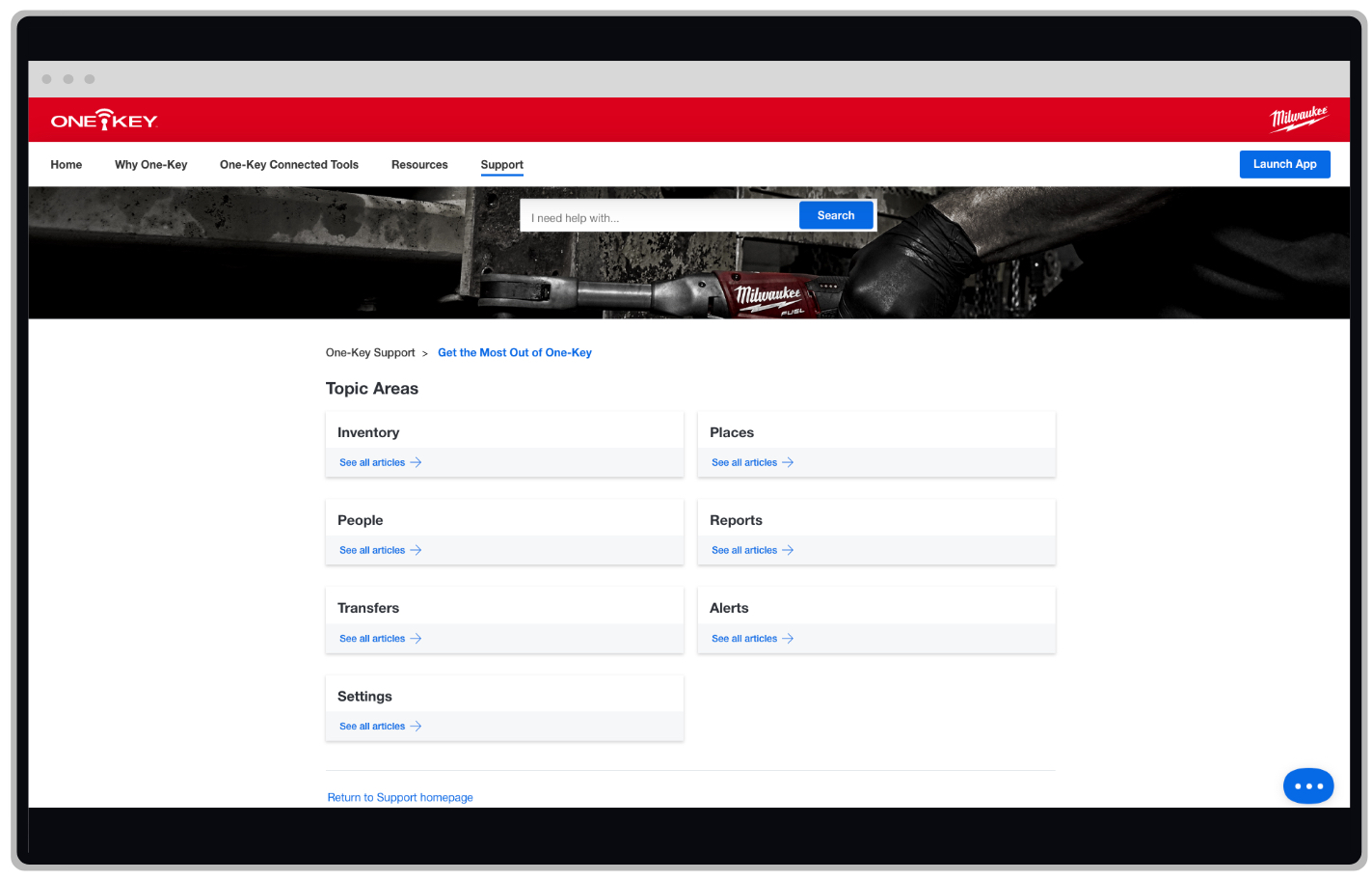 This section of the One-Key support portal breaks articles into topic areas for inventory and more