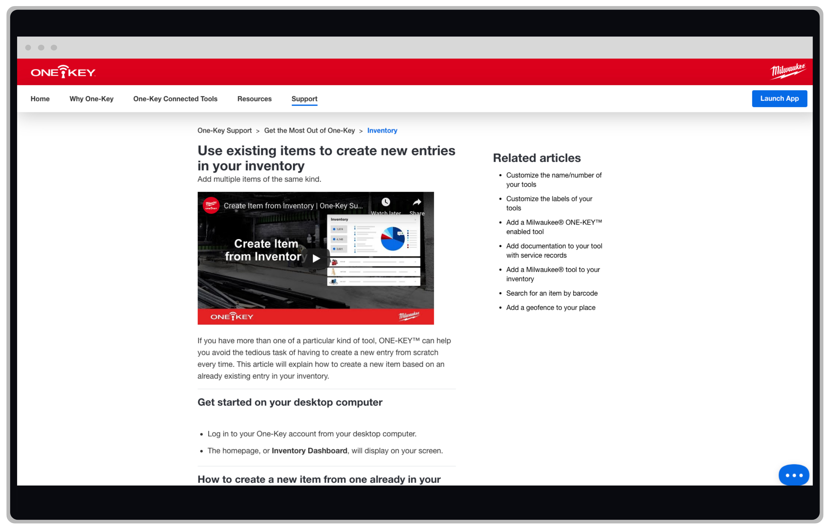 A support article shows a user how to create new entries in their inventories from existing items