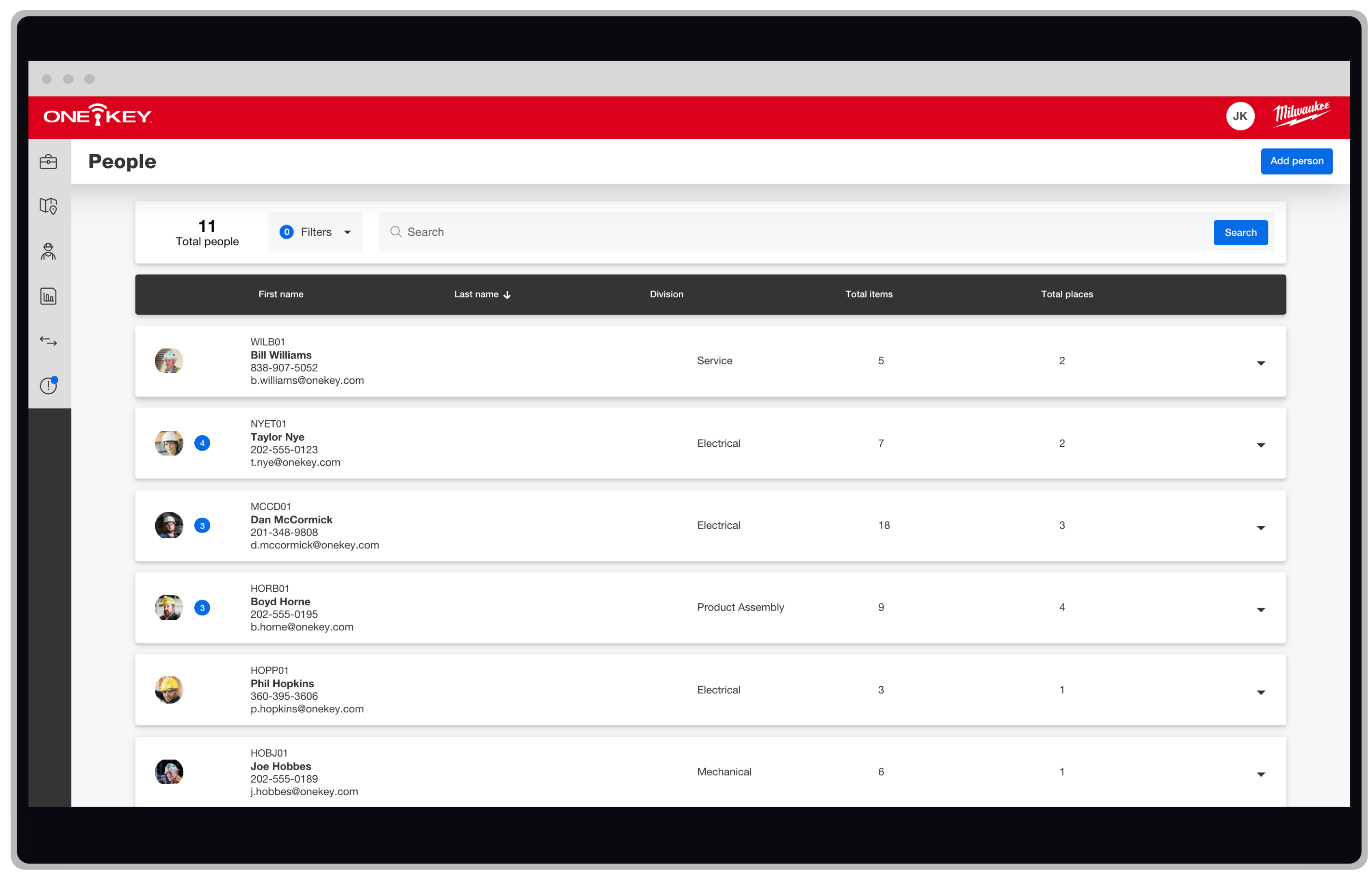 A list of people in the One-Key inventory management app