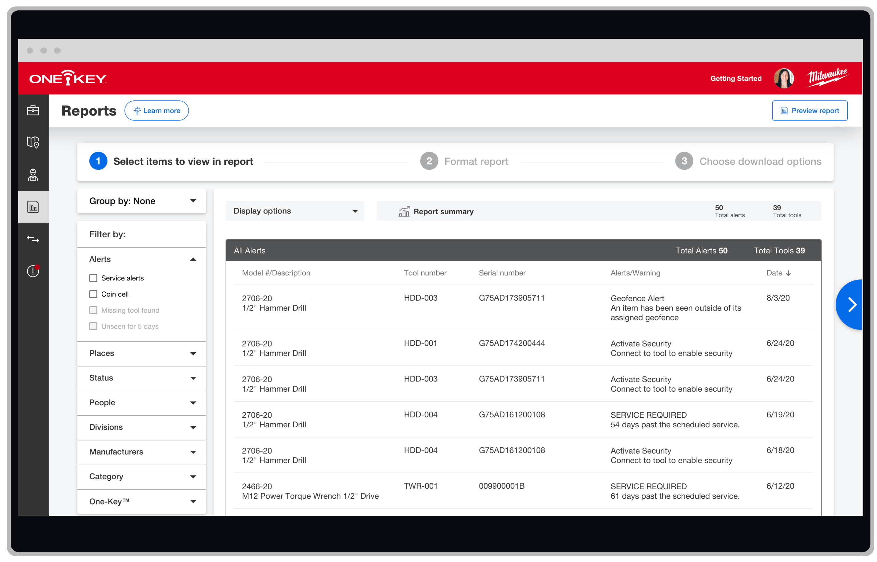 Screen shows One-Key inventory management app, which allows you to generate custom reports for your tool alerts