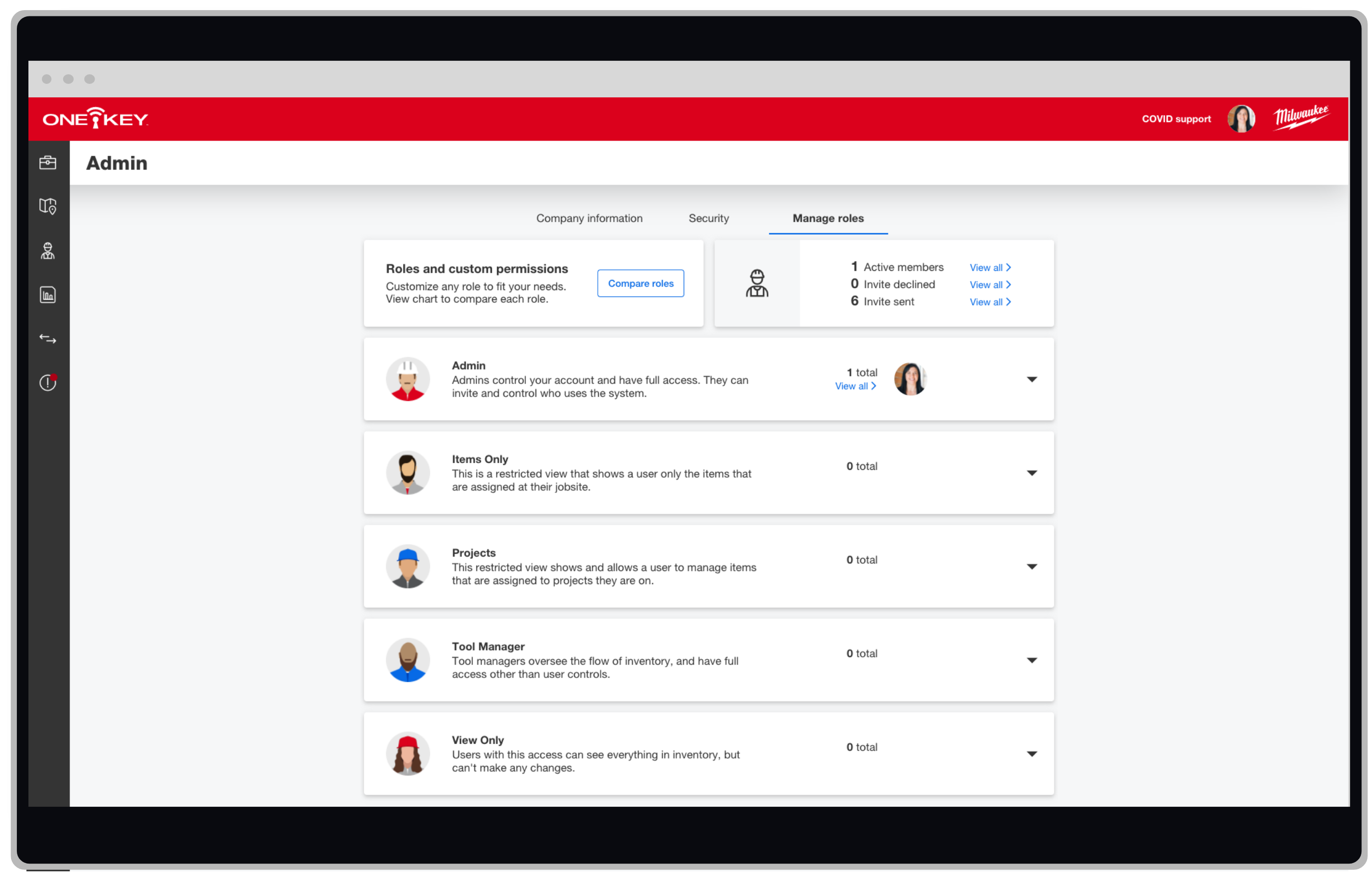 Computer screen displays One-Key construction inventory management web app open to multi-user role breakdown