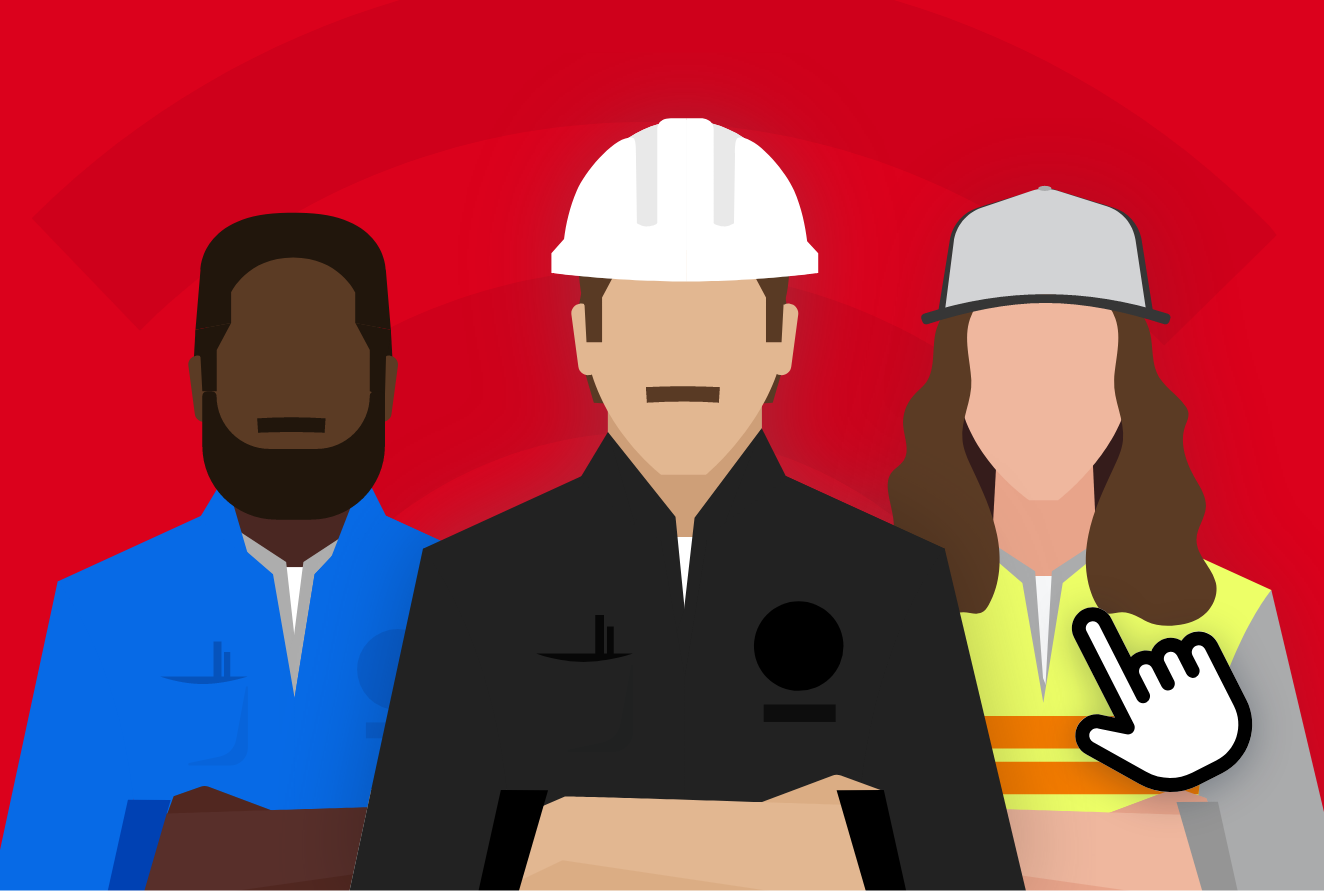 An illustration of three construction workers, two men and one woman